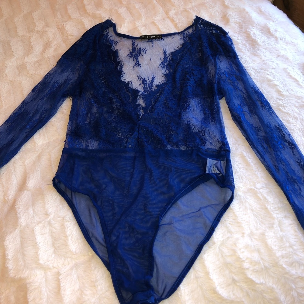 NWOT Sheer Blue Lace Bodysuit with Plunge Neckline